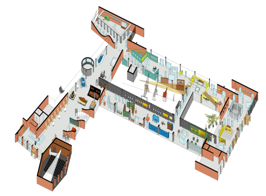 In der Planung war noch eine Ausstattung des Innenhofs mit museumspädagogisch nutzbaren Kranmodellen vorgesehen